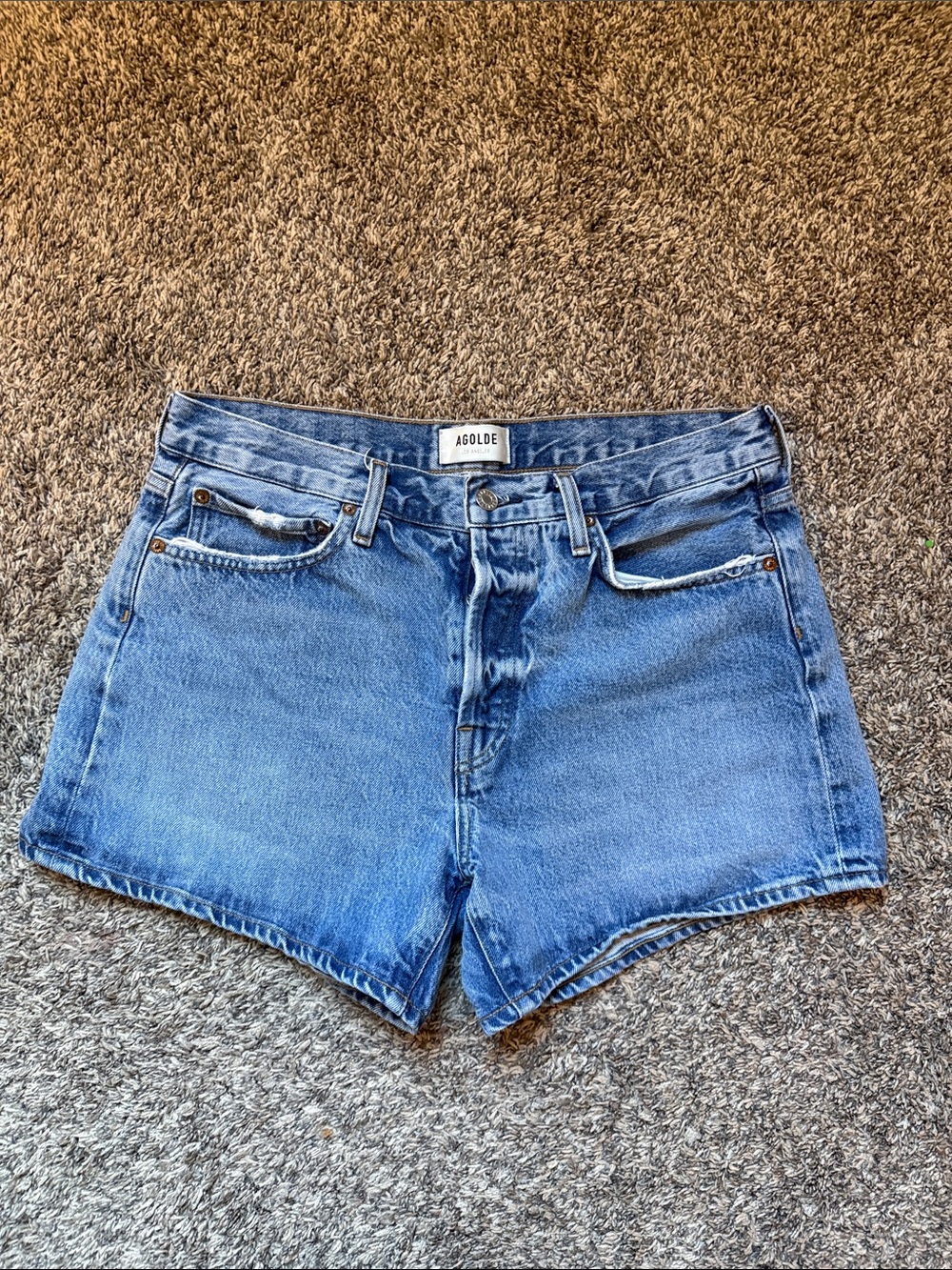 Agolde Light Blue Mid Rise Denim Shorts